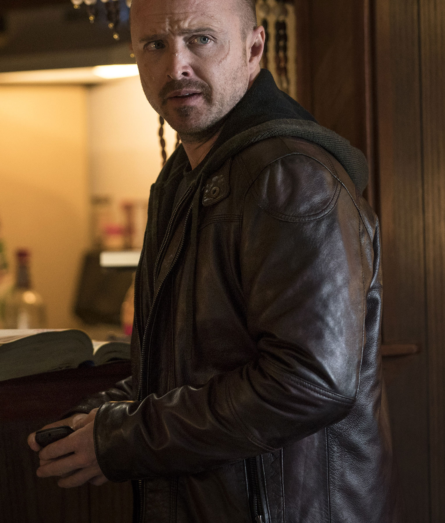 El Camino Aaron Paul Brown Leather Jacket (3) The Breaking Bad El Camino Aaron paul Hooded Brown Leather Jacket