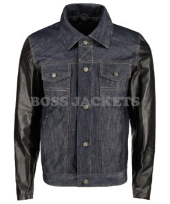 Grey Denim Jacket with Leather Sleeves | Bossjackets