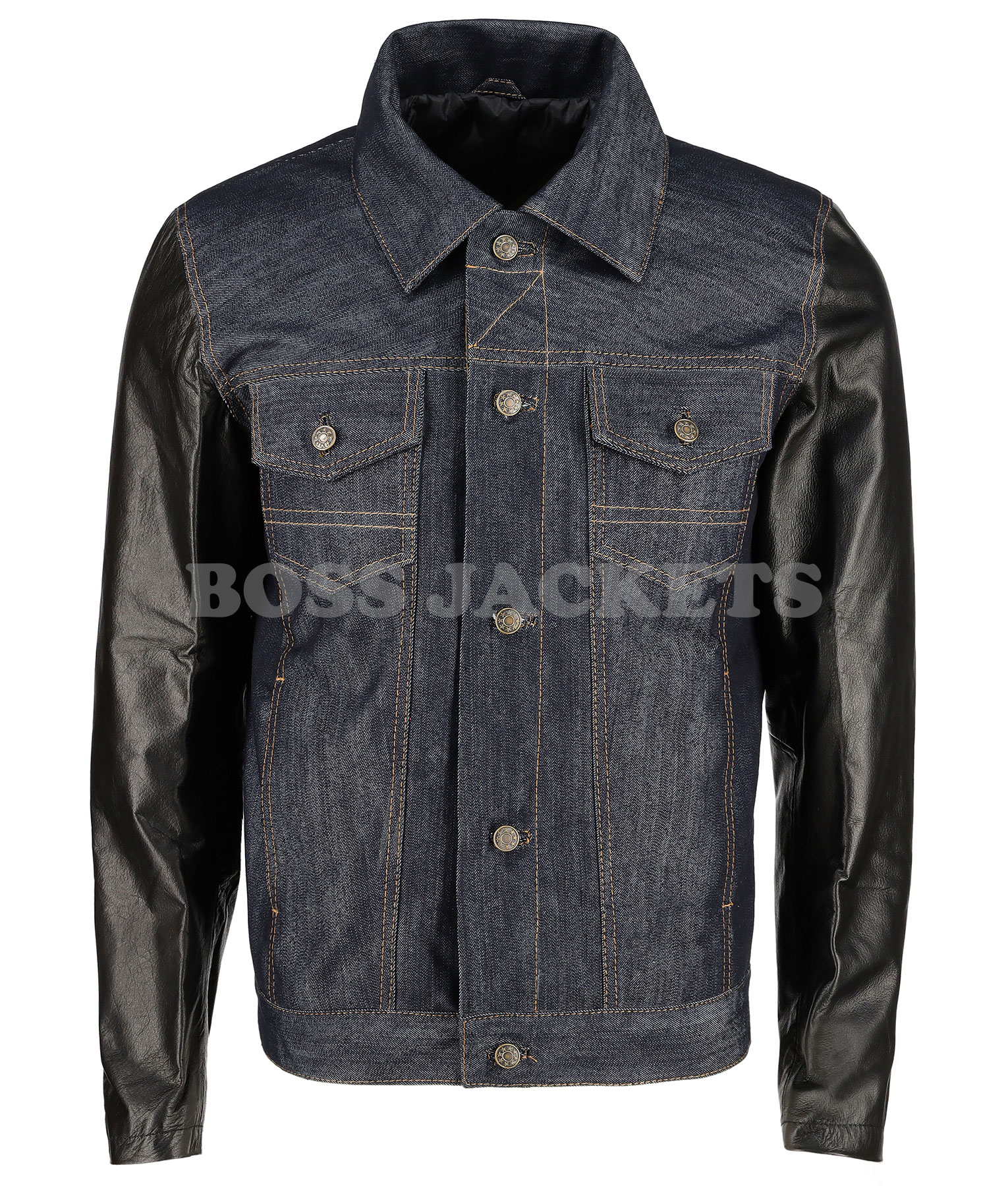 Men’s Blue Denim Jacket with Leather Sleeves BossJackets