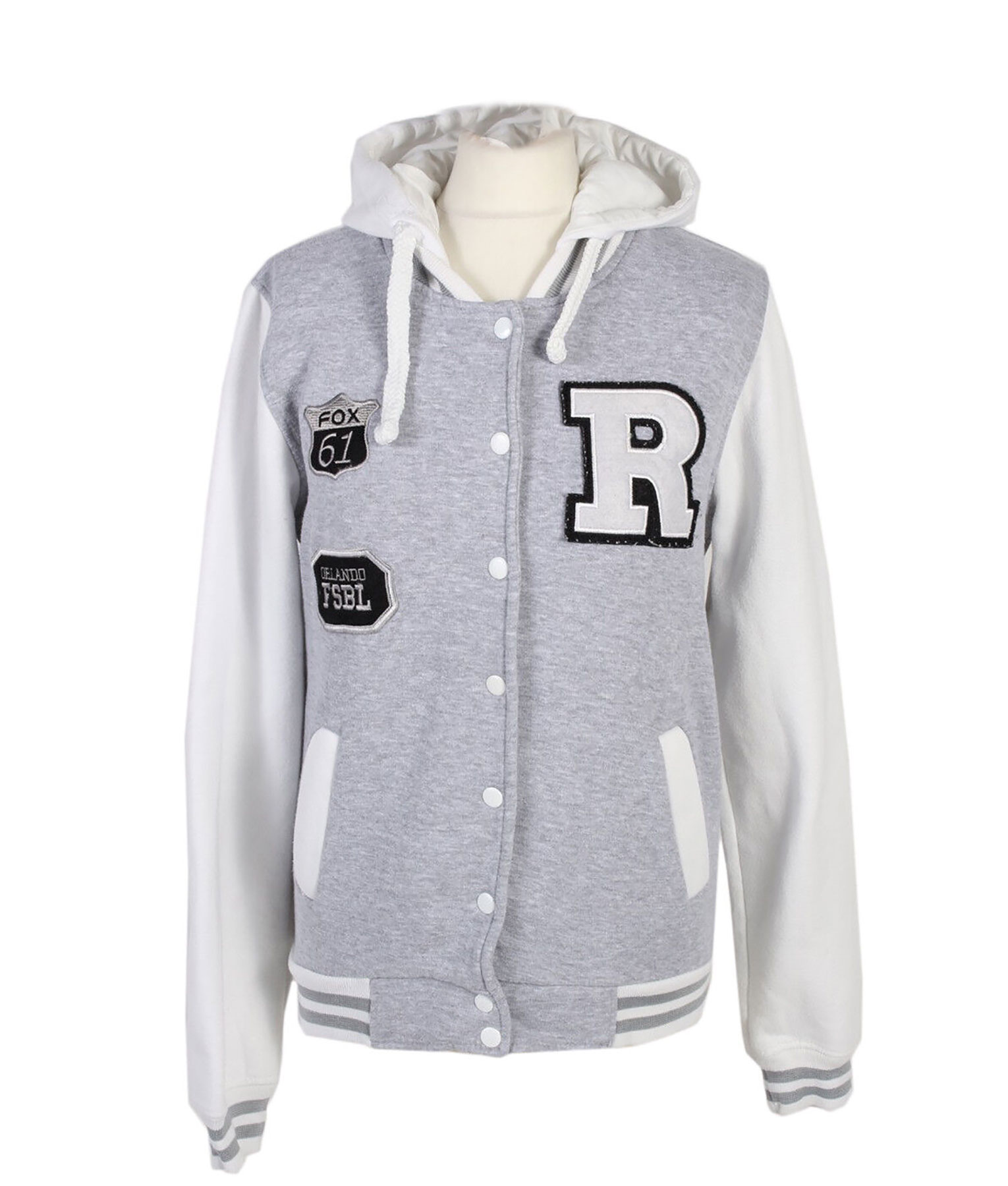Womens Grey and White Letterman Hooded Varsity Jacket