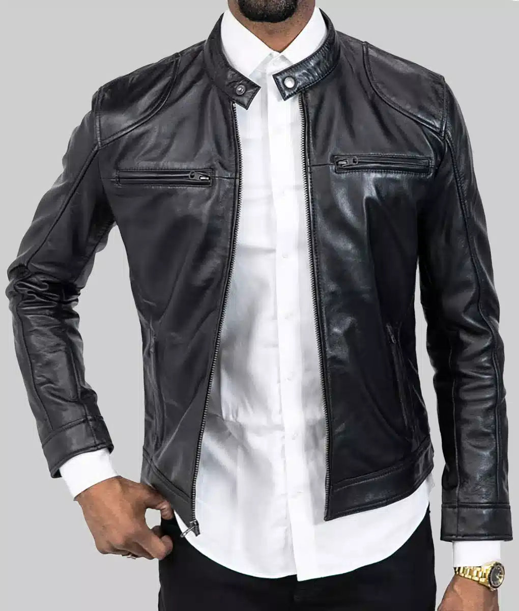 Vin Diesel Black Leather Cafe Racer Jacket - Vin Diesel Biker