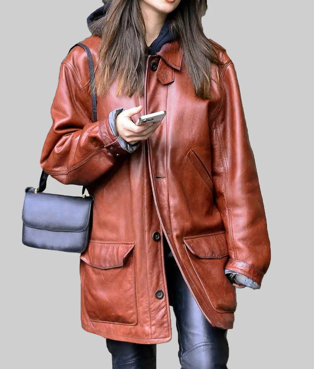 Emily Ratajkowski Oversized Brown Leather Jacket | Boss Jackets