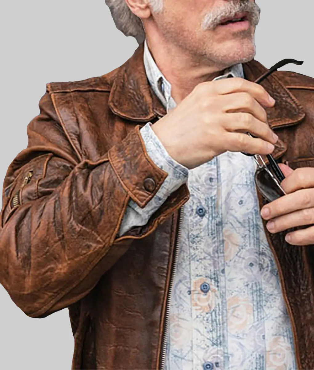 Old Guy Christoph Waltz Distressed Brown Leather Jacket - Boss Jackets