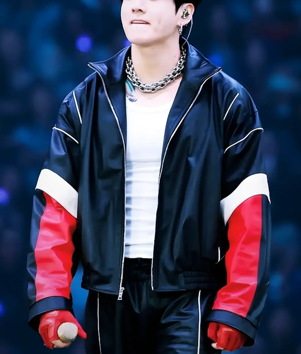 JungKook for レーシングストライプリラックスT BTS World Tour Stanford Jungkook Leather Jacket | Boss Jackets